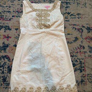 Lilly Pulitzer 100% Cotton White Shift Dress Bridal Gold Brocade Embroidery - 0